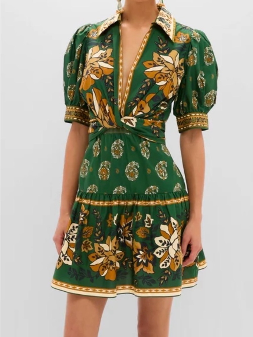 FARM Rio Green Floral Deep-V Puff Sleeve Mini Dress
